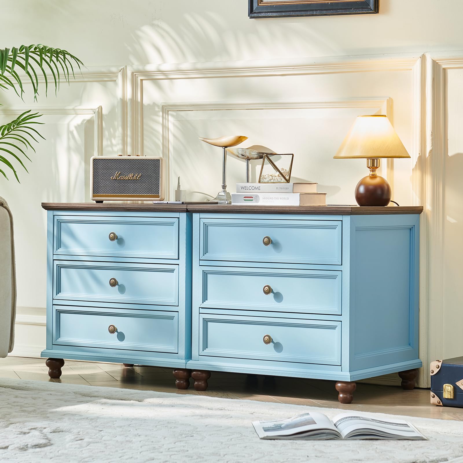 Joaxswe Farmhouse Nightstand Set of 2 with Charging Station, 24" Wide End Table with 3 Drawers,Dresser for Bedroom,Bed Side Table Chest of Drawers Cabinet,Wood Light Blue Night Stand for Living Room