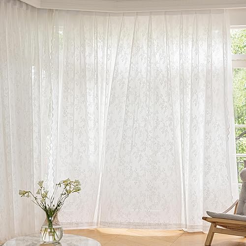 Miniatura 2 de LANTIME Cortinas traslúcidas de encaje blanco de 108 pulgadas de largo, paneles de cortinas plisadas dobles para ventana, 52 pulgadas de ancho x 108