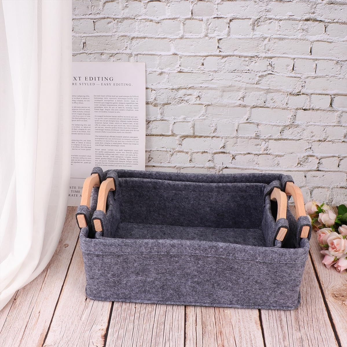 Felt Storage Basket with Wood Handle 2pcs for Home Office Desk