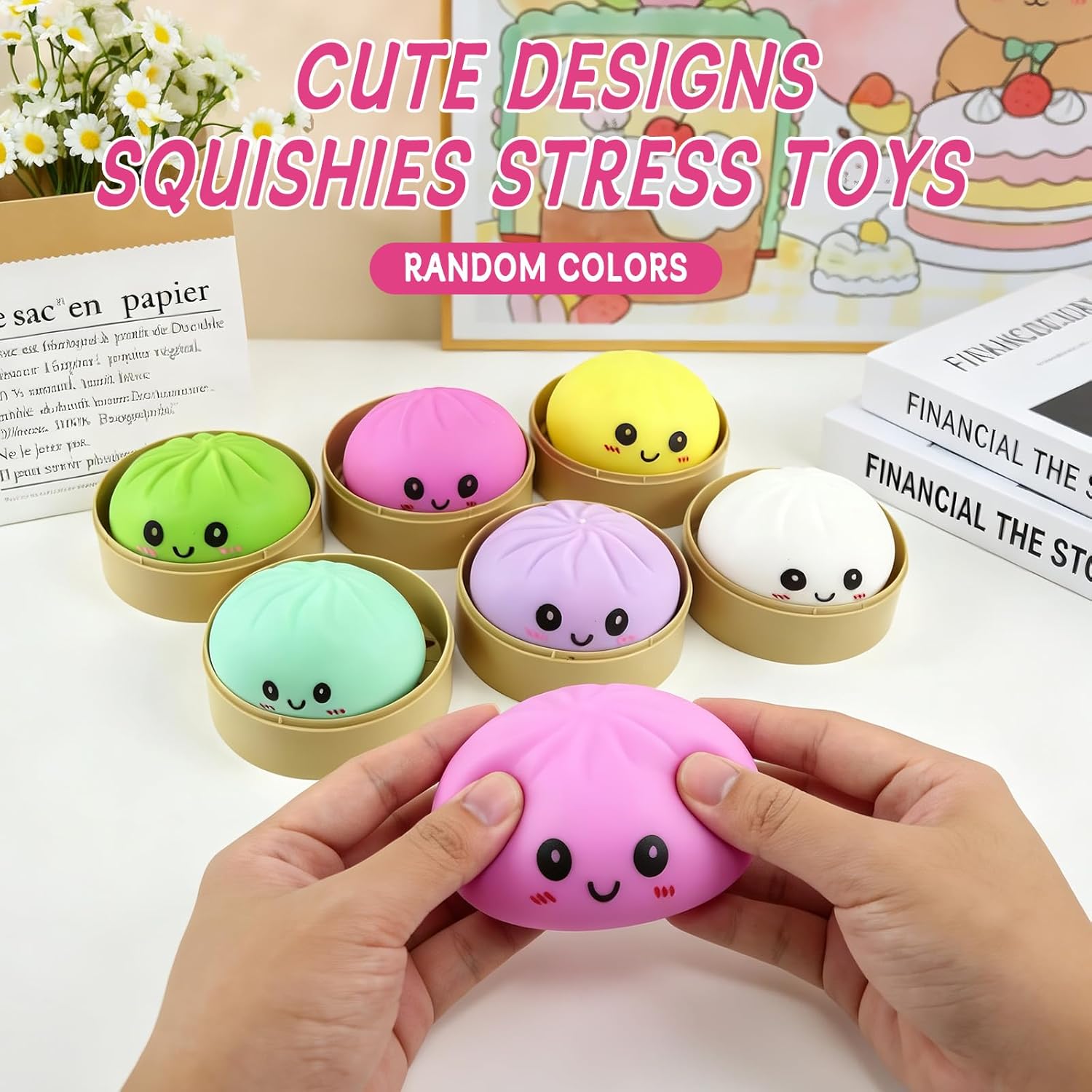 6PCS Dumplings Squishies, Dumpling Squeeze with Smile, Stress Relief Anxiety Squeeze Toys with Food Steamer, for Birthday Gifts, Party Favors, Classroom Prizes, Easter Basket Stuffers