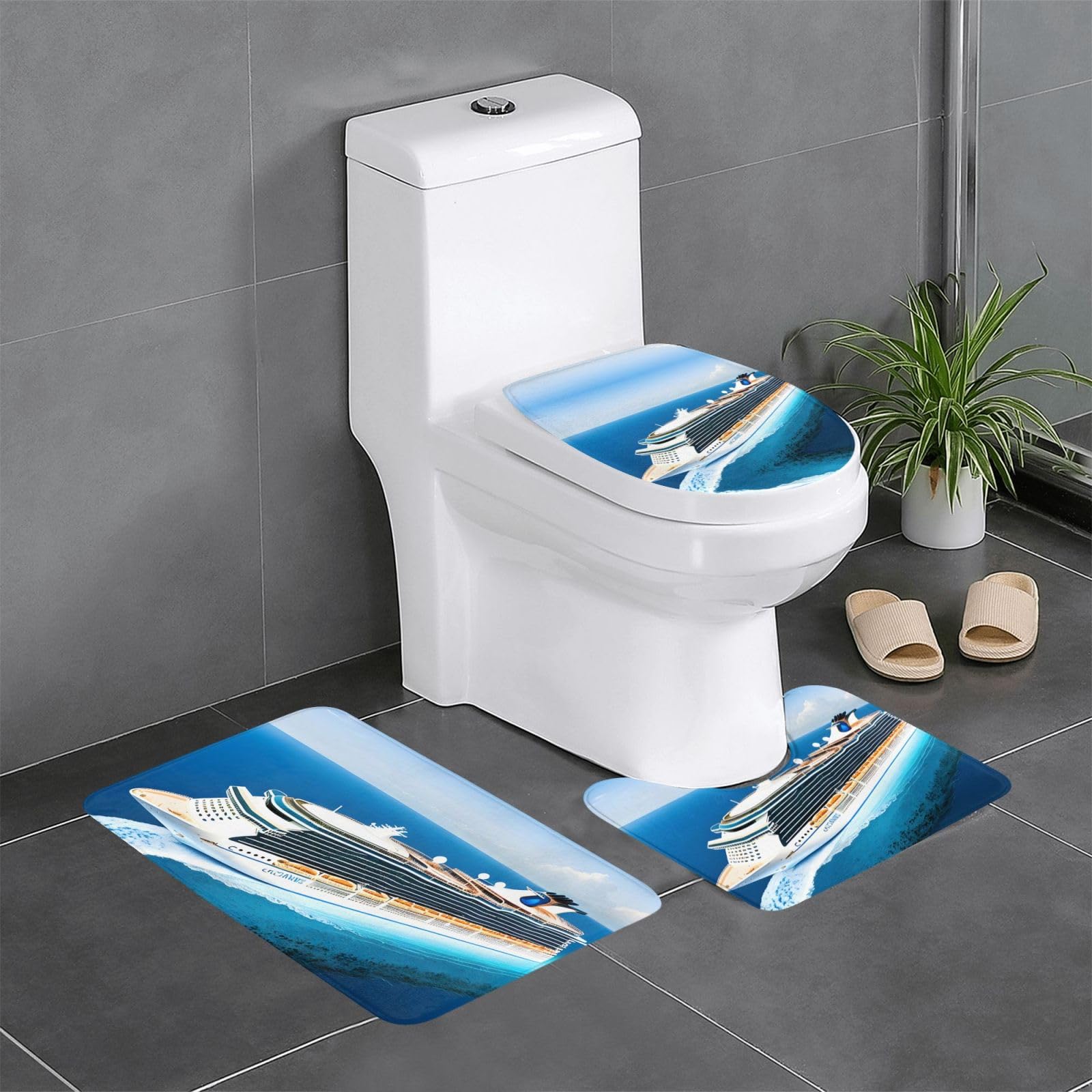 Tapis de salle de bain Cruise Ships lot de 3 antidérapant avec contour WC et tapis rectangulaire