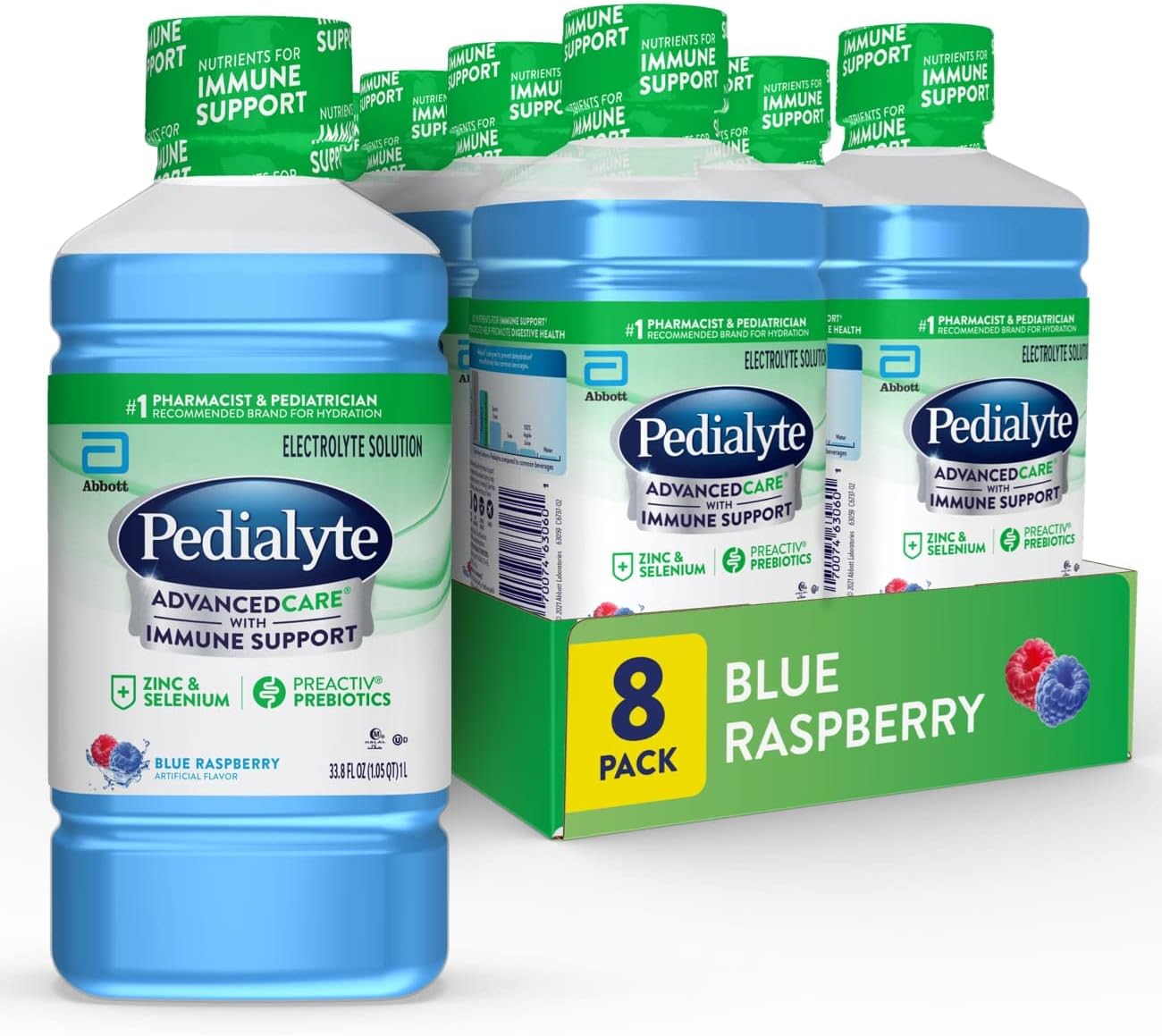 Pedialyte AdvancedCare Electrolyte Solution Has PreActivPrebiotics | Hydration Drink | Blue Raspberry, 1 Liter, Pack of 8