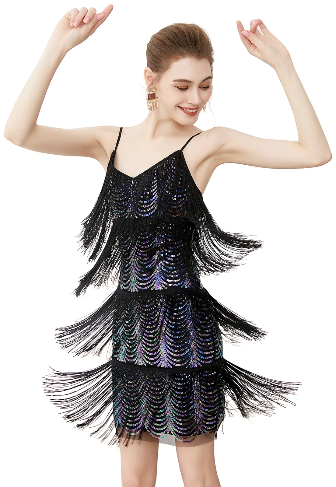 Women Flapper Dresses 1920s V Neck Beaded Fringed Great Gatsby Club &amp; Night Out Dresses