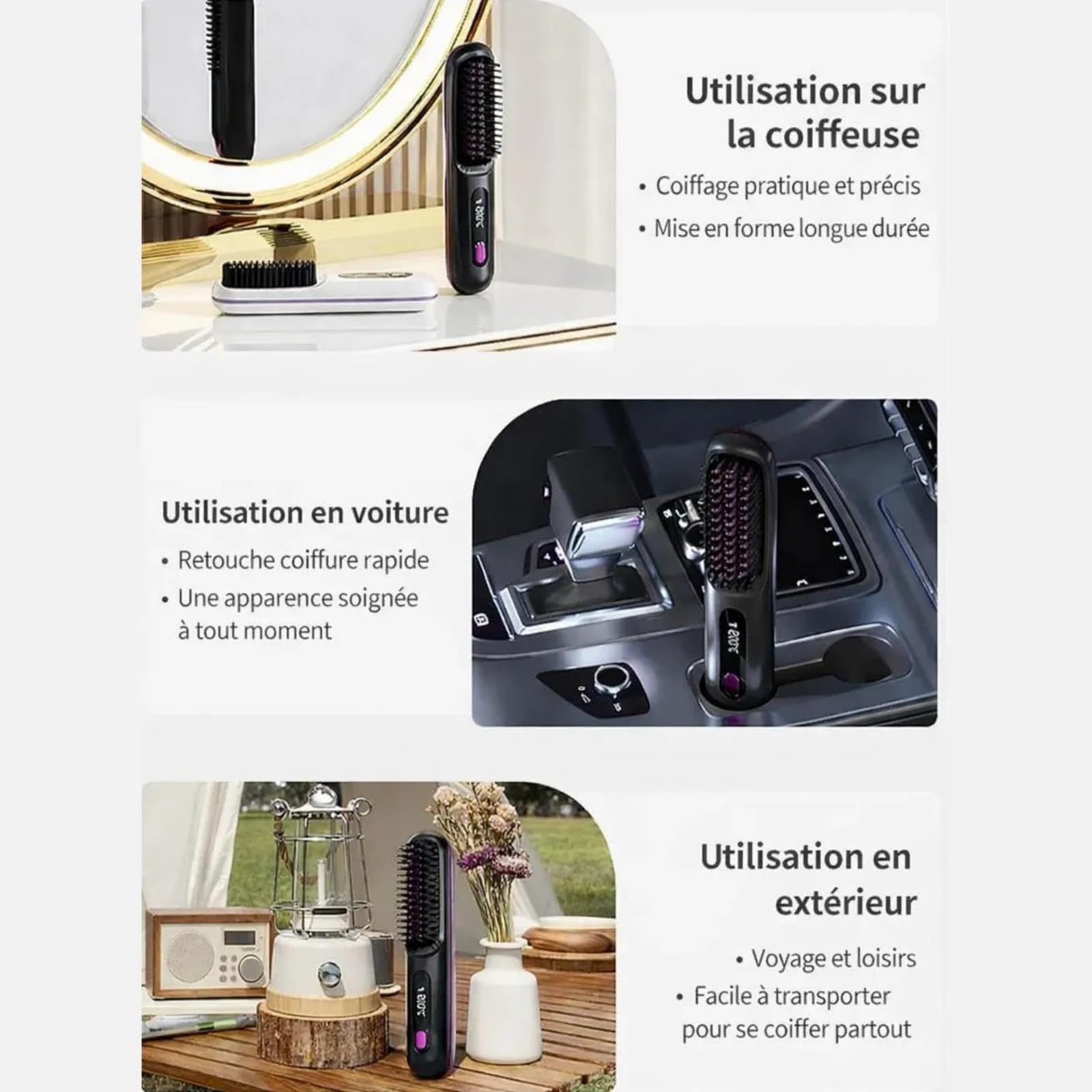 Cosylane Brosse Coiffante,Brosse Lissante Sans Fil pour Cheveux Courts,3 Niveaux de Chaleur, Écran LED,Chargement Type-C,Léger et Portable,Chauffage instantané en 20 seconde