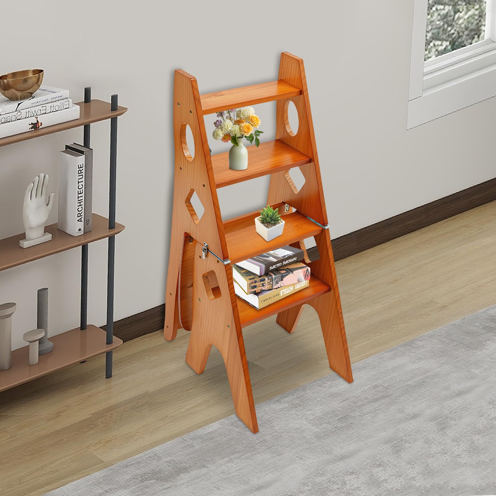 Sgabello pieghevole a 4 livelli, in legno, trasformabile, scaletta e sedia per scale, multifunzione, portata 100 kg, utilizzato per interni ed esterni (caramello)