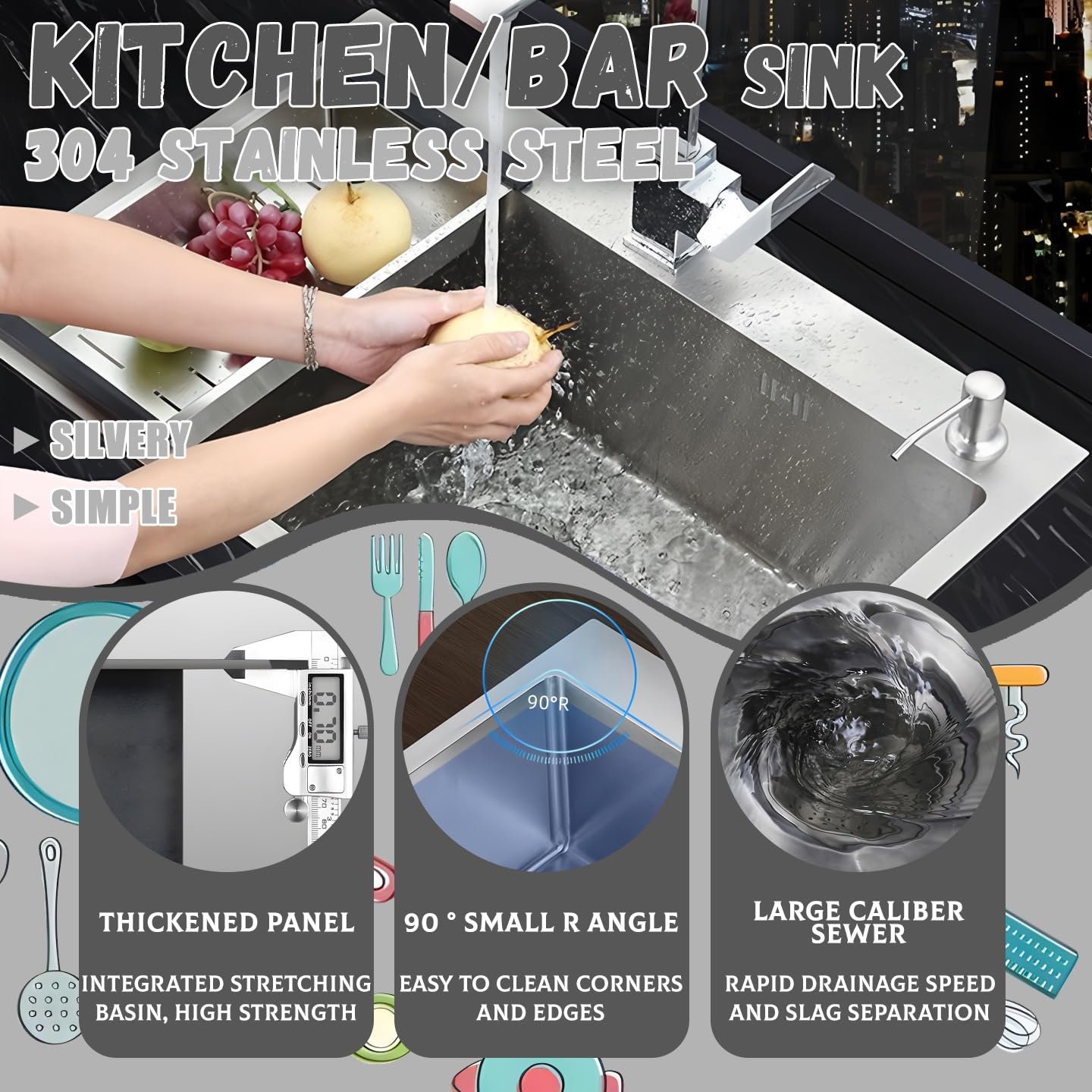 Fregadero Cocina 55 x 45 cm, 1 Seno Fregadero Acero Inoxidable Cepillado, Fregadero con 2 Orificios para Grifo, Bajo Encimera o Sobre Encimera, con Desagüe de sifón y juego de rebosadero