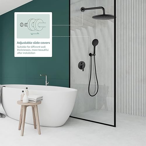 Miniatura 9 de Juego de grifo de ducha montado en la pared negro mate para baño con válvula de equilibrio de presión, cabezal de ducha de lluvia de 10 pulgadas y