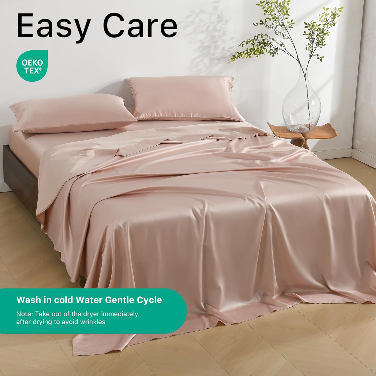 NATUREFIELD Silky Bed Sheets Set King Size (4pc), 60% Rayon Derived from Bamboo,40% Polyester T400 Sateen, Soft Fitted Sheets with Deep Pockets, Hotel Luxury Bedding Sheets & Pillowcases - Image 7