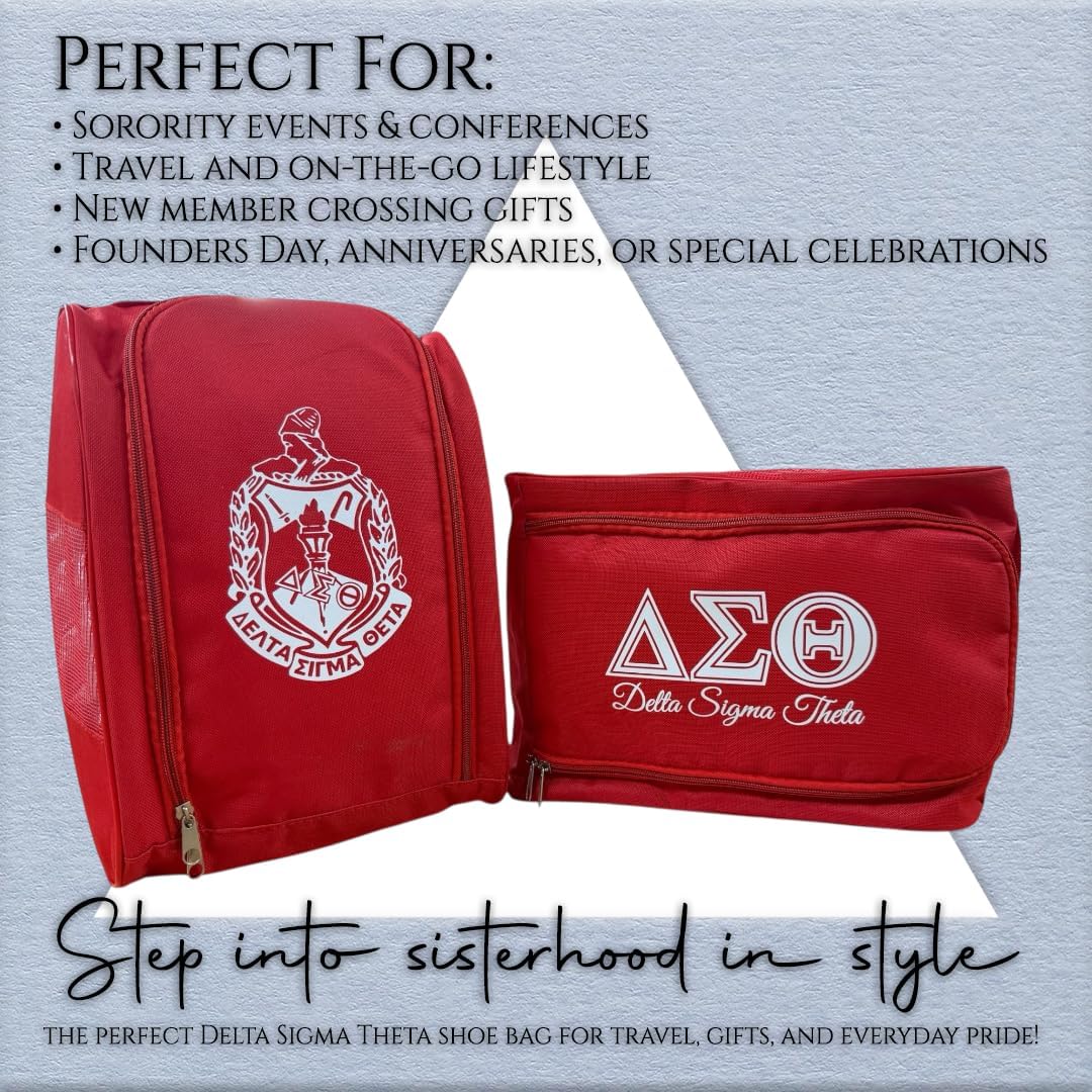 Delta Sigma Theta Sorority Shoe Bag Set – Red Travel Shoe Storage Bags with Crest & ΔΣΘ Logo, Zippered Organizer for Luggage, Gym, or Overnight Trips