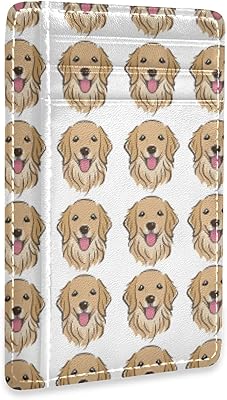 Golden Retriever Dog Face Heads Bone Seamless on White Slim Minimalist Wallet, Front Pocket RFID Blocking Leather Credit Card Holder, Case Protector Covers for Men Women