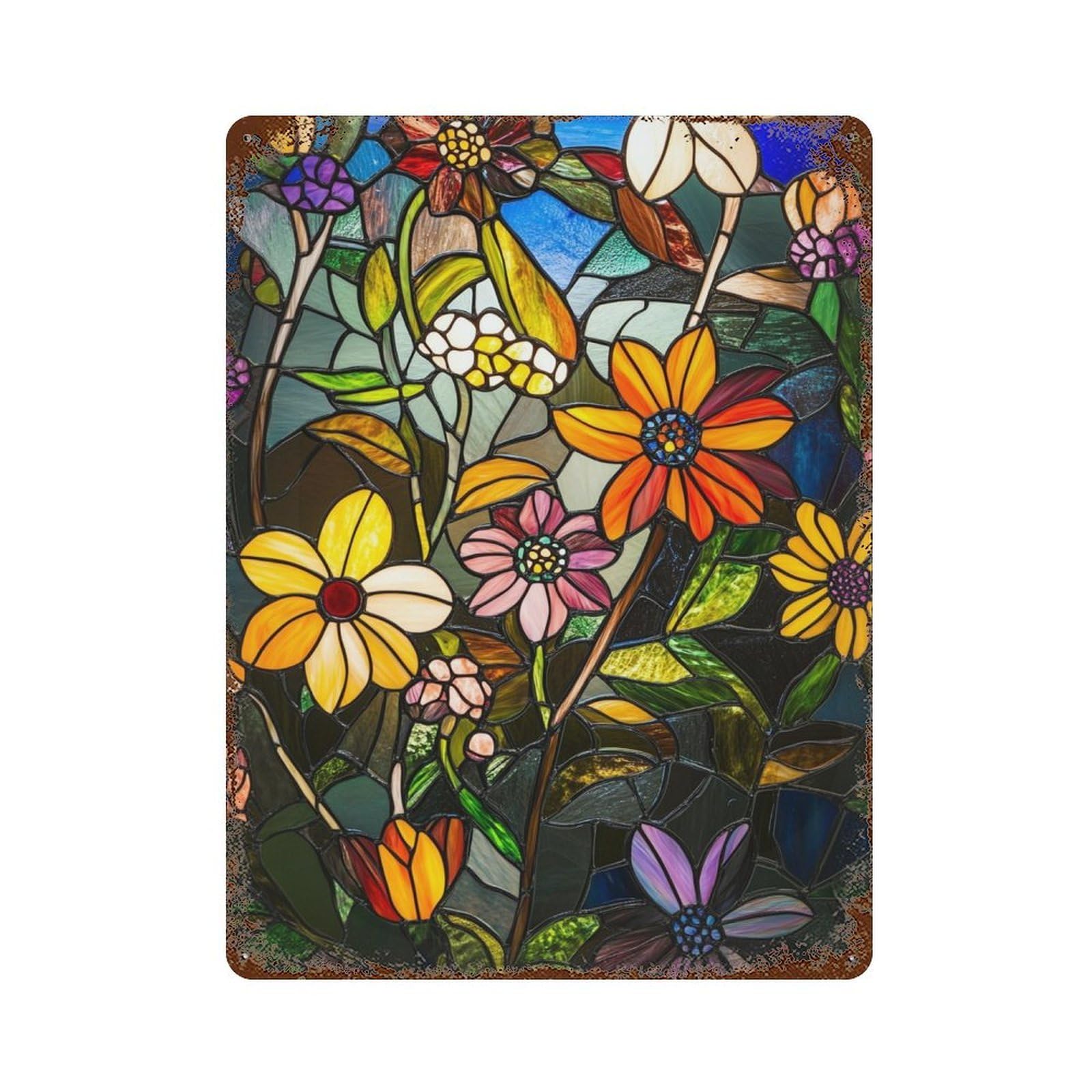 Stained Glass Garden Flowers Decorative Tin Sign 15.7"x11.8", Ideal for Cafe, Home Bar And Lounge Decor