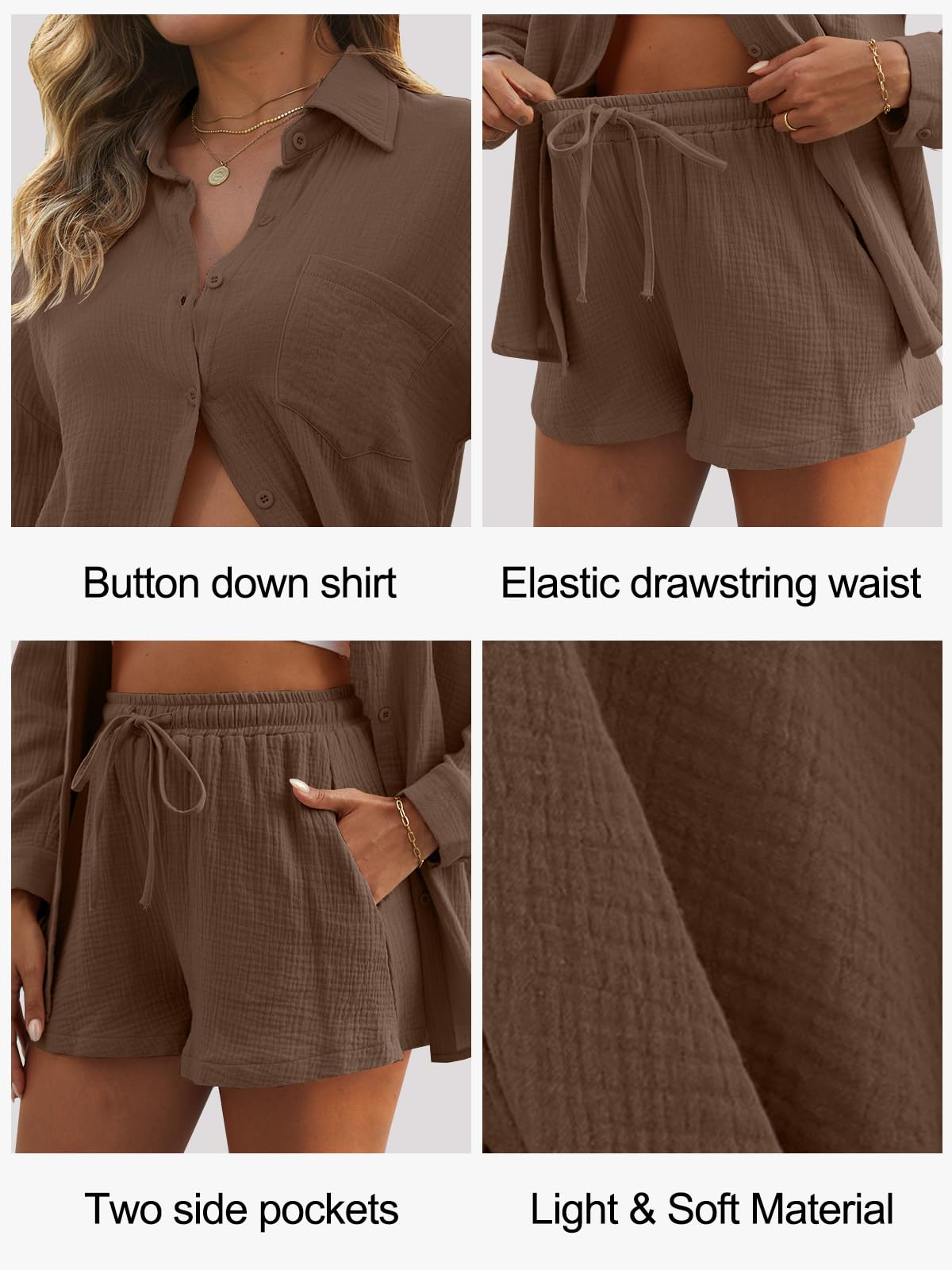 CheChury Femme Ensembles en Lin Chemise Manches Longues et Shorts Chic et Elegant Survêtement été Décontracté Ensemble été 2 pièces Tenue Loungewear