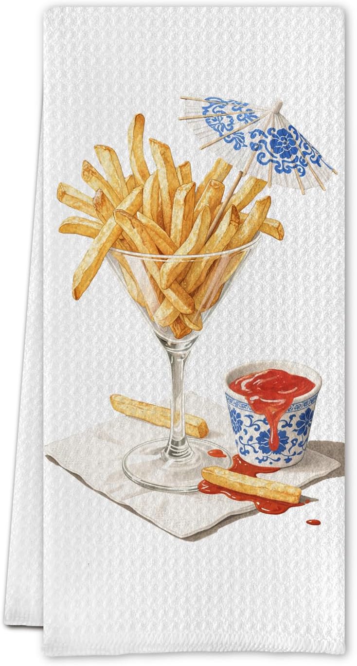 Funny Chinoiserie French Fries Martini Kitchen Towels,Fries Food Cocktail Dish Tea Towels Gifts for Women Men,Chinoiserie Martini Decorative Hand Towel for Bar Pub Party,16x24 Inch