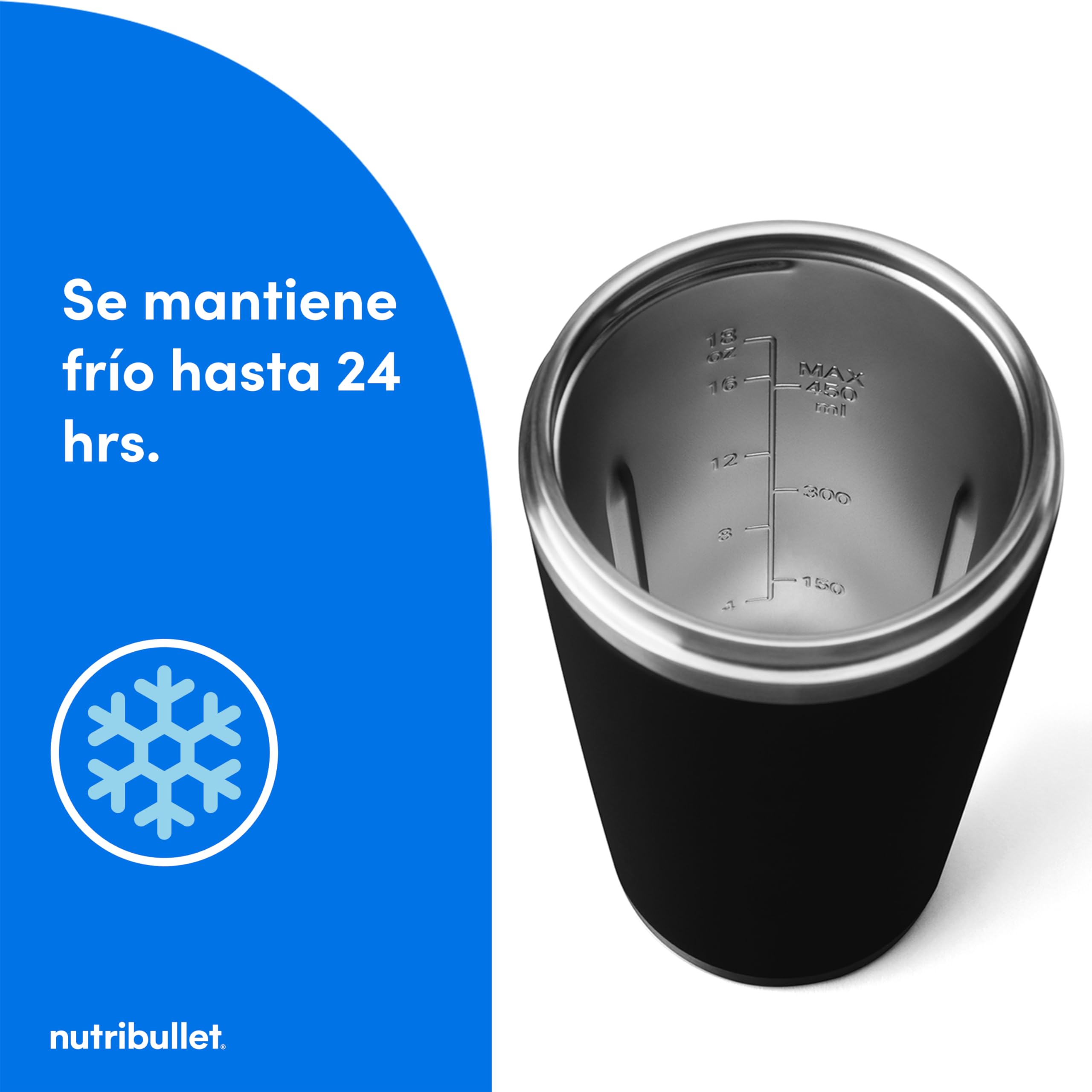 nutribullet Flip NBP016B, Licuadora Portátil con Vaso Termo de 590ml, Conserva el Frío 24h, Tritura Hielo, Incluye Tapa y Pajita, Carga USB-C, Acero Inoxidable, Negro