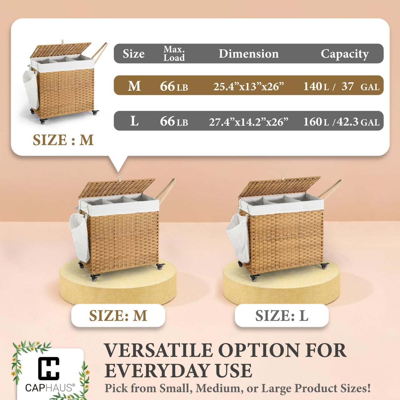 CAPHAUS Handwoven Basket w/Lid for Storage, Synthetic Rattan Laundry Hamper w/Wheels, Clothes Hamper for Laundry, Laundry Basket w/Lid, Removable Liner Bags, Mesh Bags, Pulling Strap, 140L, Grey