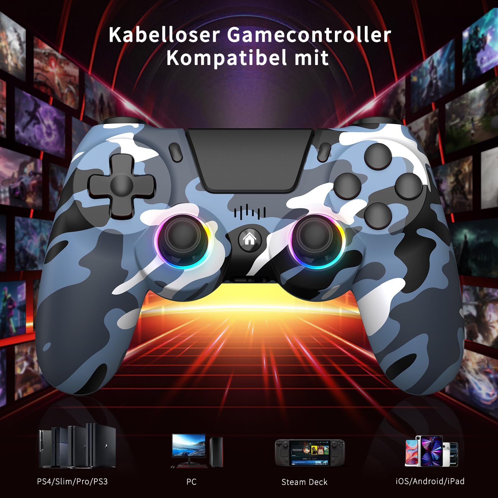 ancihdgm Manette sans fil pour PS4, manette compatible avec PlayStation 4/Pro/Slim/PC/P3/Android/IOS, la manette PS4 est équipée d'une double vibration/gyroscope à 6 axes/lumière RVB/1000 mAh