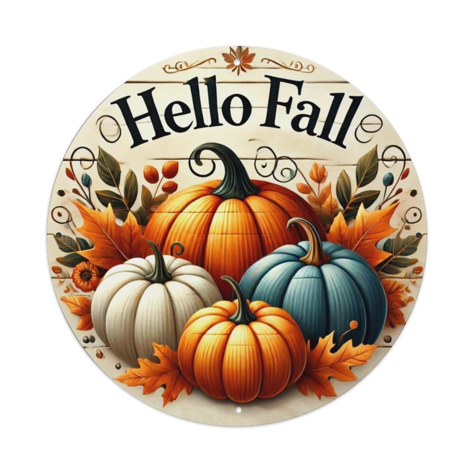 Hello Fall Pumpkins Leaves Autumn Round Metal Tin Sign Vintage Wall Decor, Bar Garage Cafe Kitchen Home Wall Art Poster 8x8inches