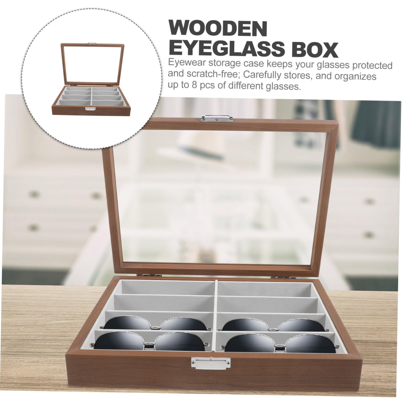 VICASKY Boîte de Rangement Lunettes Bois à Emplacements avec Fenêtre Verre Transparent et Feutrine Intérieure Organisateur Protecteur pour Lunettes de Soleil Présentoir Élégant pour