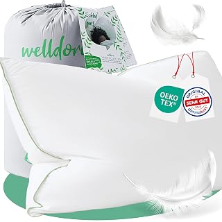 Welldora Premium Kopfkissen 50x70 | 100% natürliche Daunenfasern & Federn | Ergonomisch optimiert 3 Kammern Nackenstützkissen | Mittelfestes Kissen fachärztlich geprüft, Oeko-Tex zert. in Deutschland - Amazon product rated Grade A