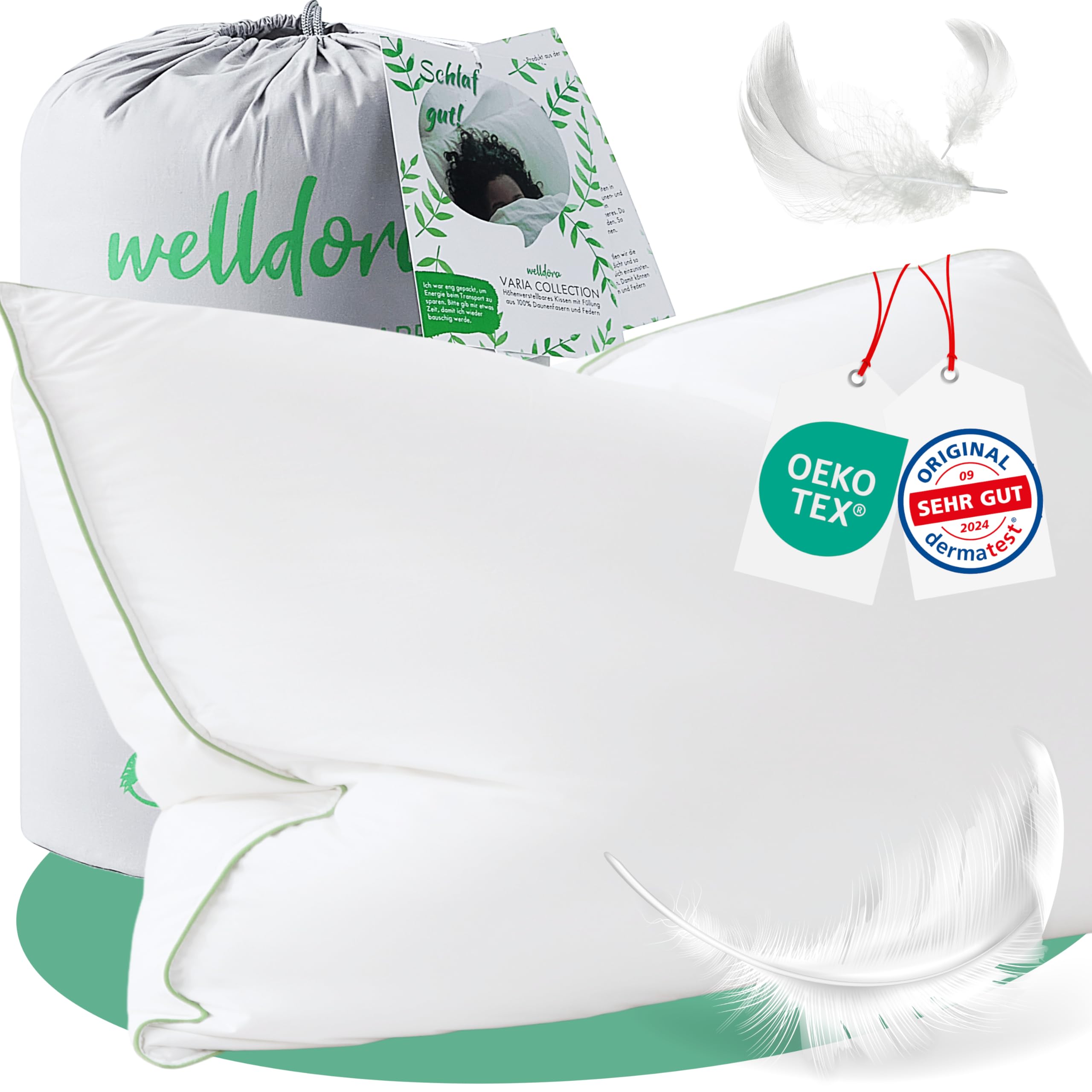 Welldora Premium Kopfkissen 50x80 | 100% natürliche Daunenfasern & Federn | Ergonomisch optimiert 3 Kammern Nackenstützkissen | Mittelfestes Kissen fachärztlich geprüft, Oeko-Tex zert. in Deutschland