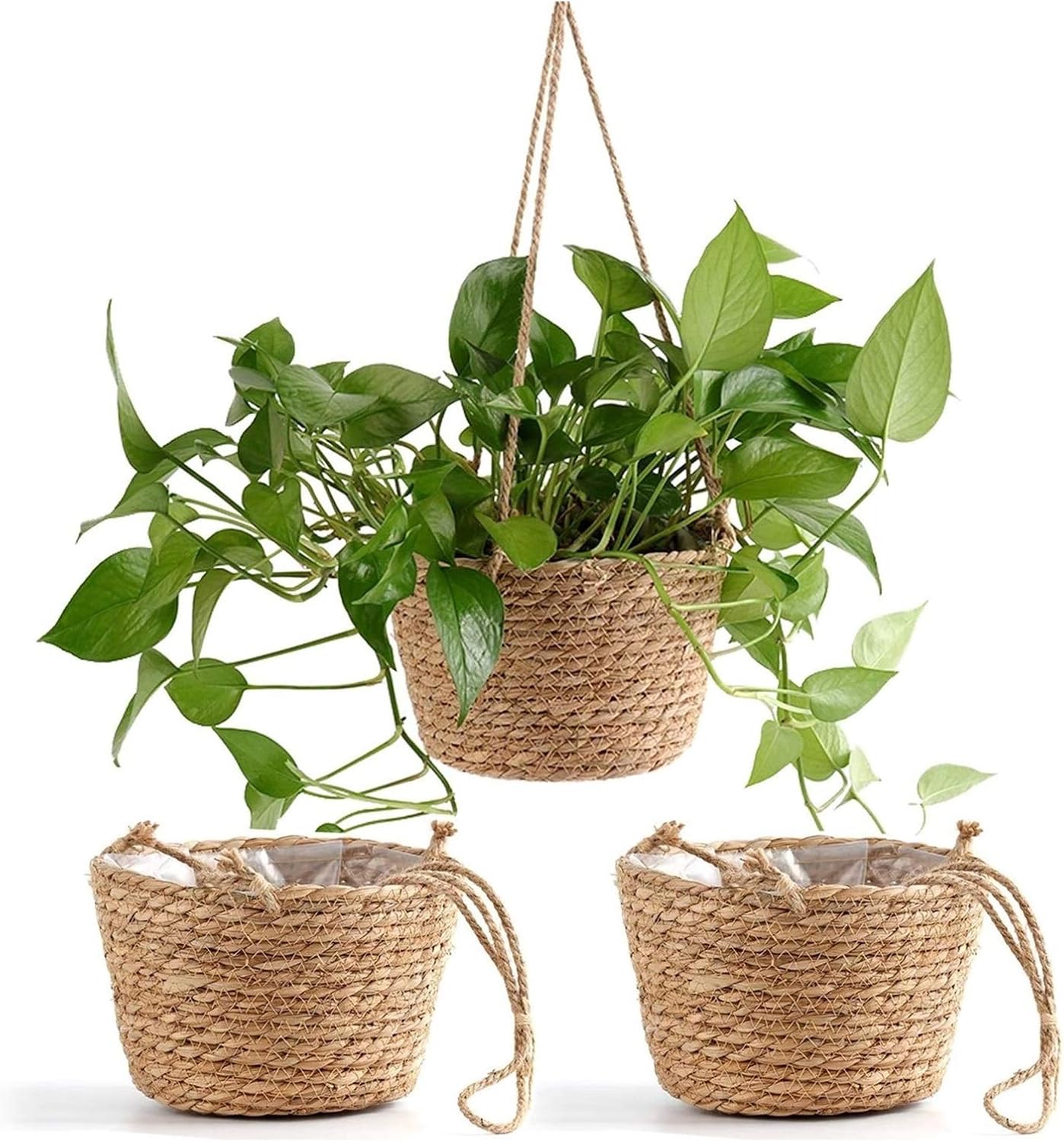 3 Unids Colgando Plantador Canasta Natural Marítimo Hecho A Mano Tejido Interior Al Aire Libre Outdoor Outdoor Pote Cubierta De Almacenamiento Colgador De Plantas Suculentas Contenedores En Maceta