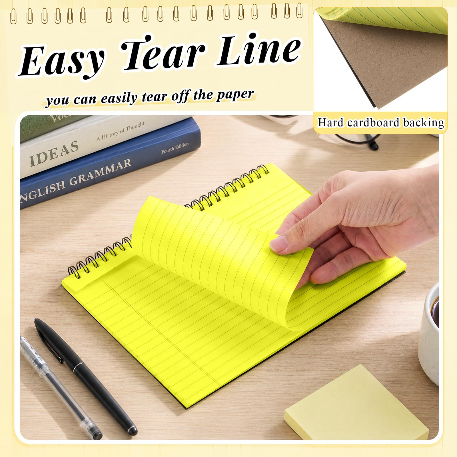 MotiMind Lot de 6 petits blocs à spirales de 21,1 x 14,7 cm, petits carnets à spirales perforés lignés pour université, 40 feuilles chacun, petit bloc-notes Steno avec couverture noire pour la maison