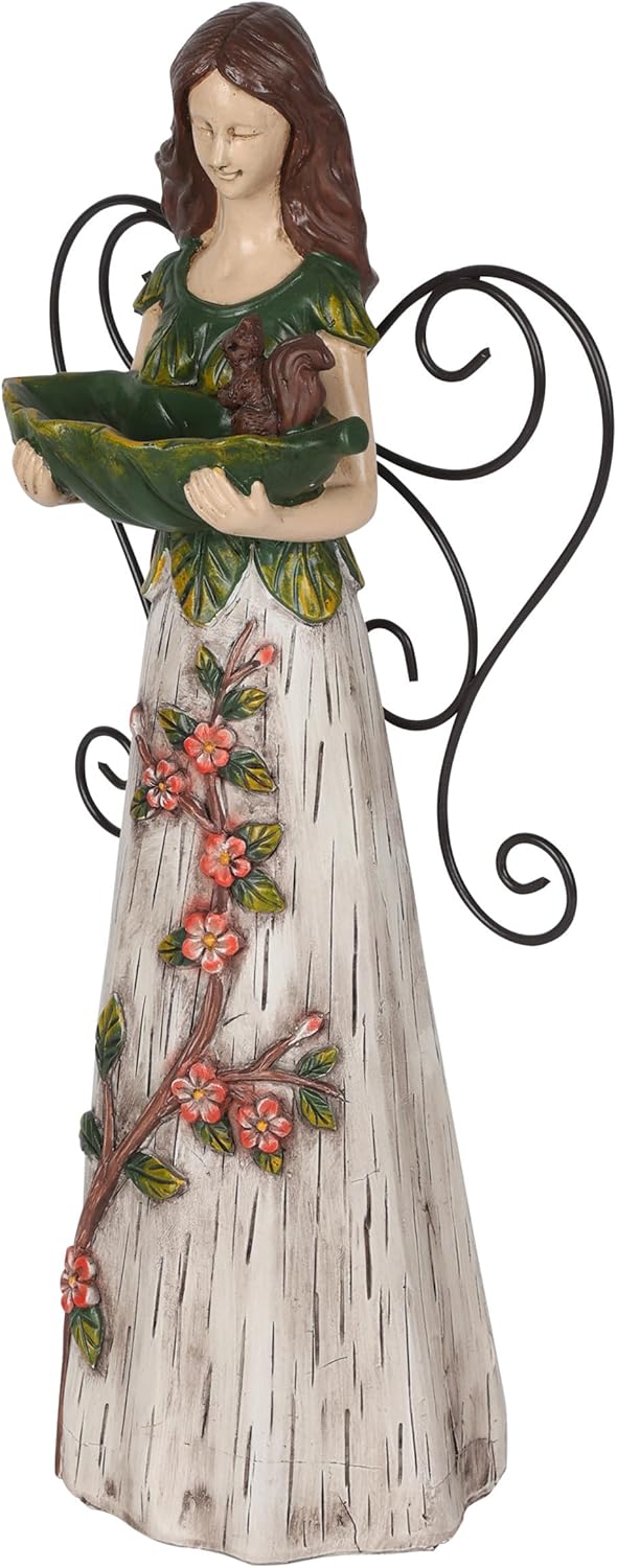 Alpine Corporation WQA1554 Floral Woodland Angel Holding Leaf Statue, Sentimental Home Décor for Patio & Garden, 12"H