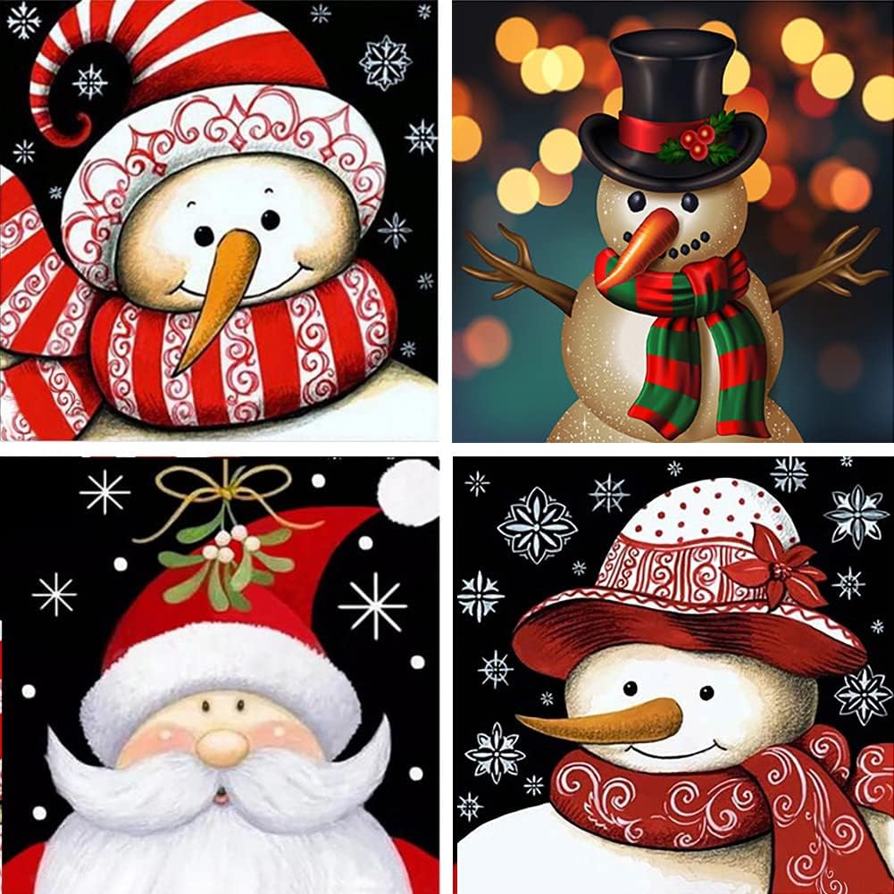 4 Pack Christmas Diamond Painting, DIY Full Drill Diamond Art, Crystal Rhinestone 5D Diamond Painting Kits for Adults, Santa Claus Snowman Truck for Christmas Home Decorations, 12X 12 Inch (White)