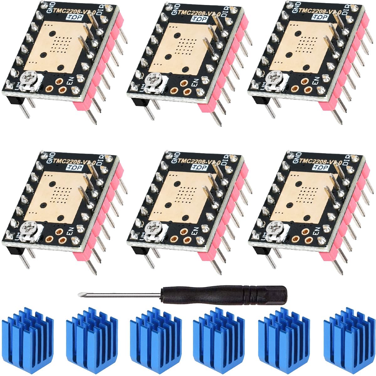 DKARDU 6 pcs TMC2208 V3.0 Stepper Motor Driver Module UART Mode Mute Driver with Heat Sink Screwdriver for BTT Octopus SKR V1.4 Turbo Manta M4P/8P 3D