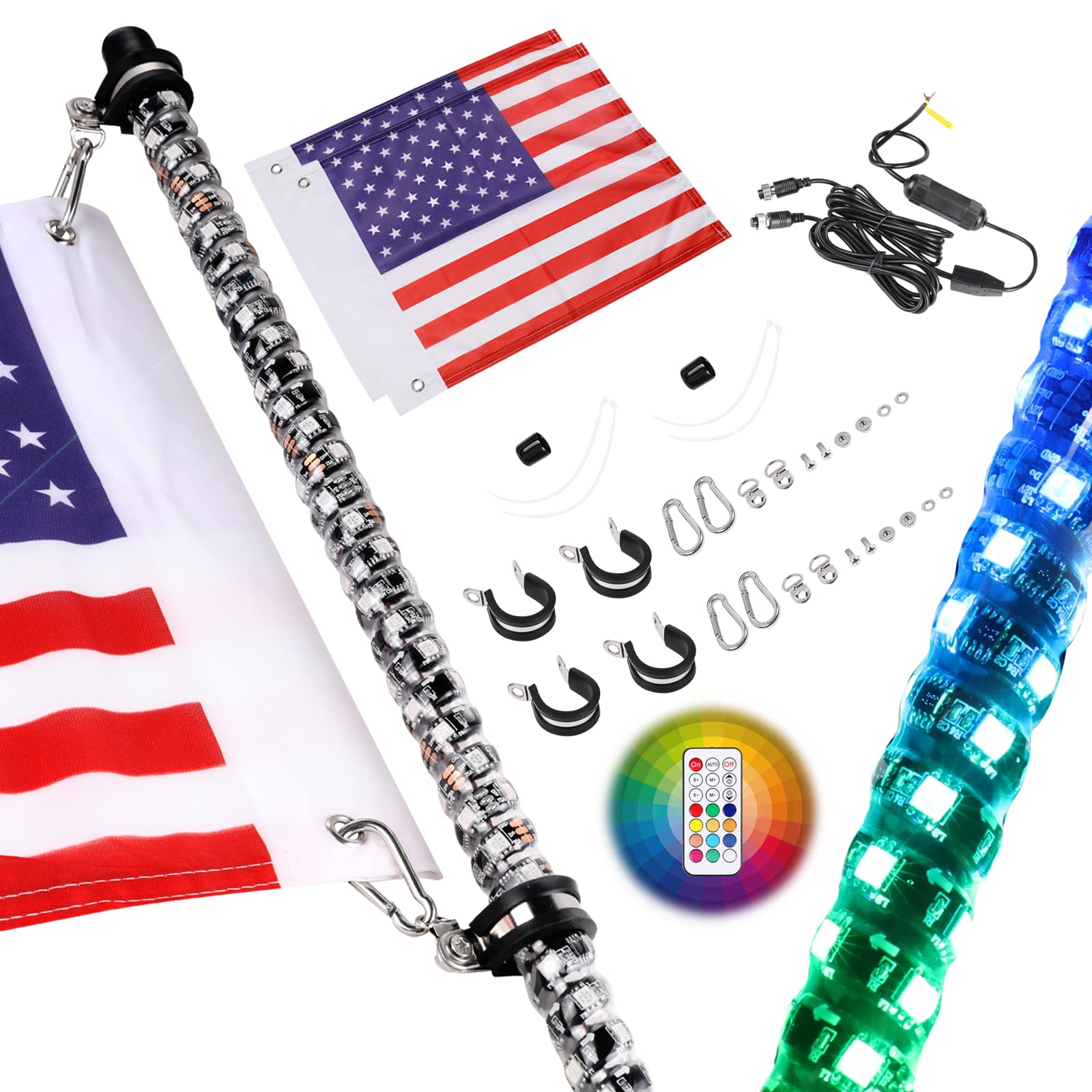 Photo 1 of Nirider 2PCS 5ft LED Whip Lights with Flag Pole Remote Control Spiral RGB Chase Light Offroad Warning Lighted Antenna LED Whips for UTV, ATV, Off Road, Truck, Sand, Buggy Dune, RZR, Can-am, Boat