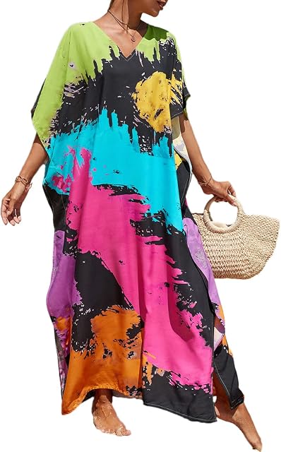 Bsubseach Women Loose Colorful Beach Cover Up Kaftan Dress Short Sleeve Swimsuit Cover Ups