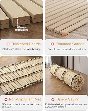 Roll Up Bed Slats - Single Double Twin Queen King Full Size, Wooden Bunkie Board Replacement for Dorm Loft RV Floor, Foldable Guest Minimalist Frame Mattress Support(WxL (39.4x74.