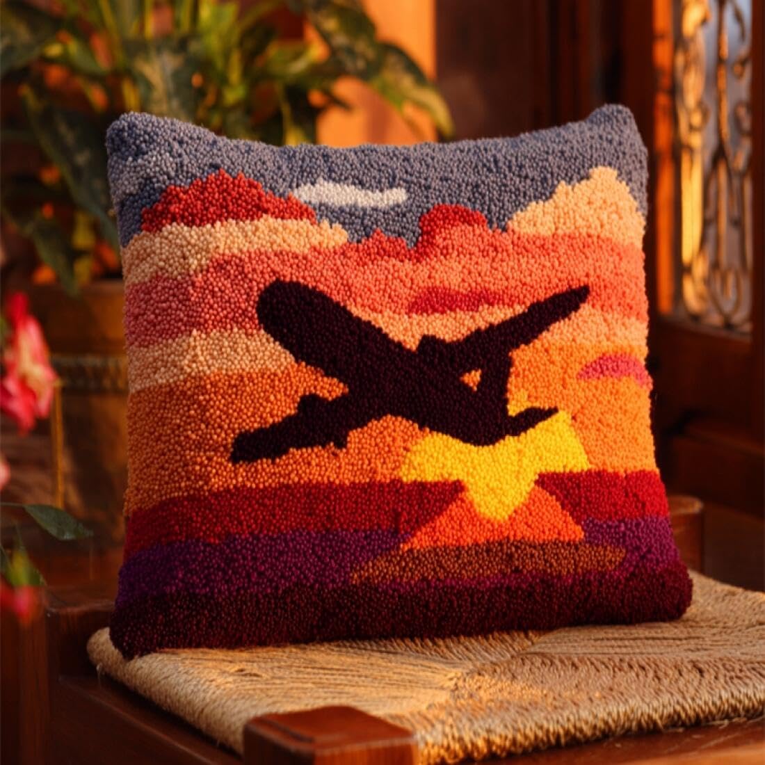 Kitquiver DIY Craft Latch Hook Rug Kits Cartoon Airplane DIY Latch Hook Rug Kit for Beginners Embroidery Cushion Canvasfor Adult Beginners 17x17In