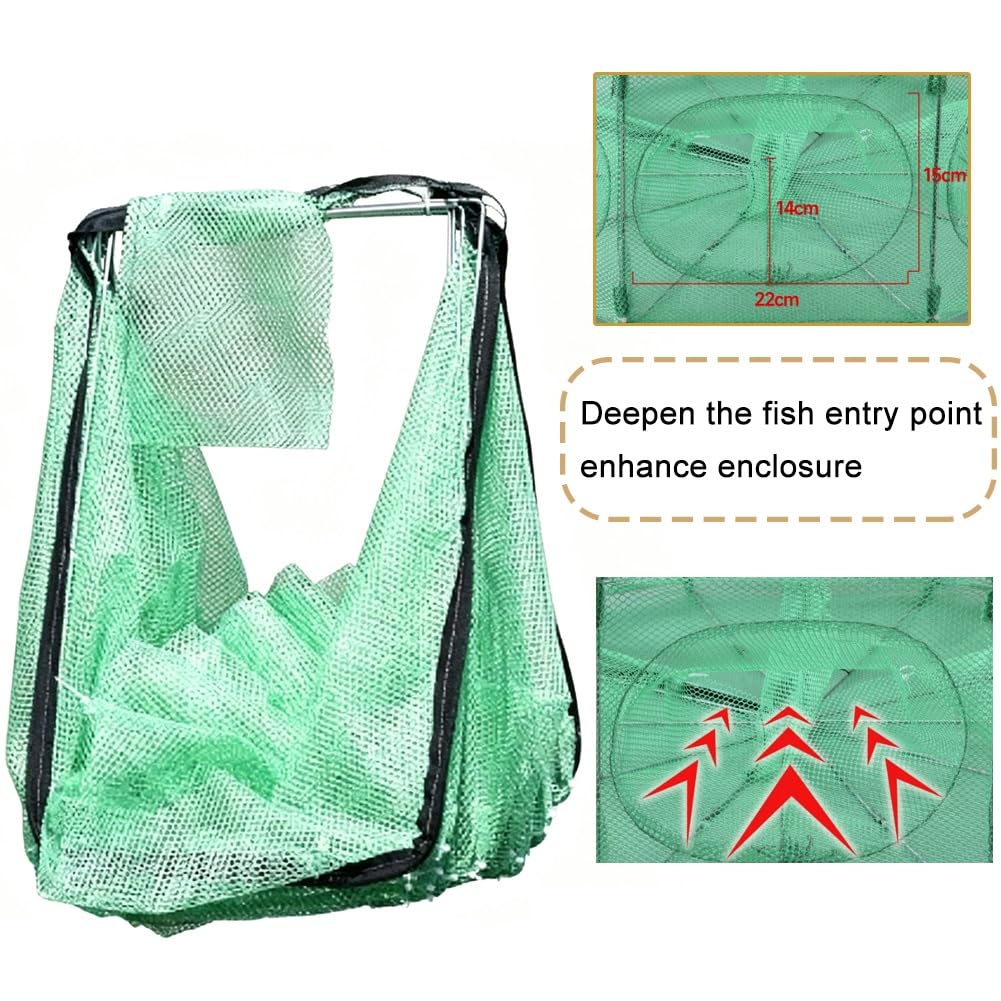 Red de trampa plegable para peces, red de camarones y cangrejos estilo paraguas, red de pesca de apertura automática con múltiples agujeros de entrada, trampa de malla duradera para camarones
