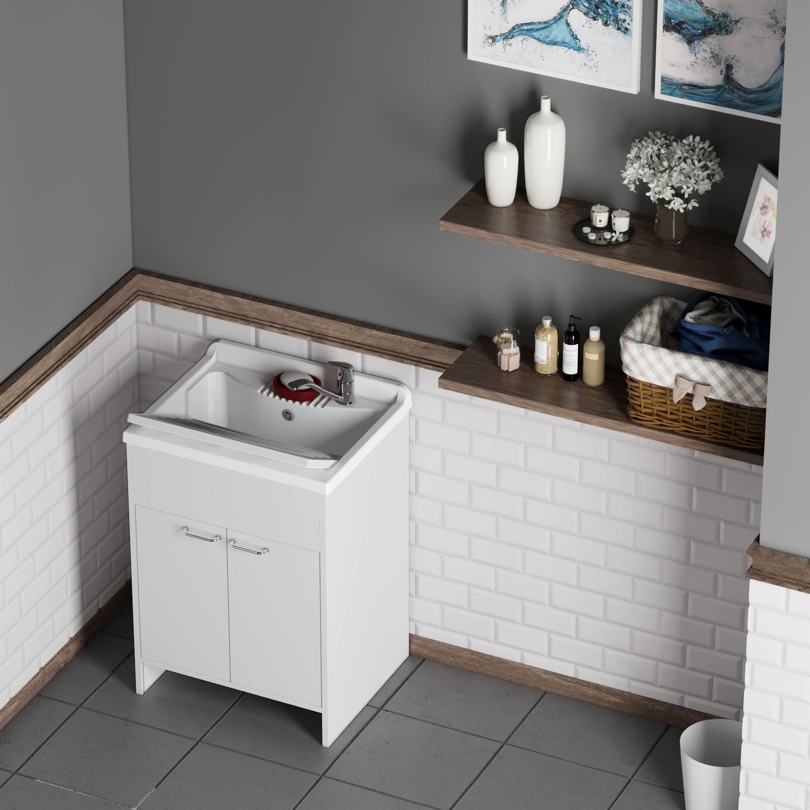 Lavatoio in PVC bianco con scarico autopulente e piletta 80x50x85H cm