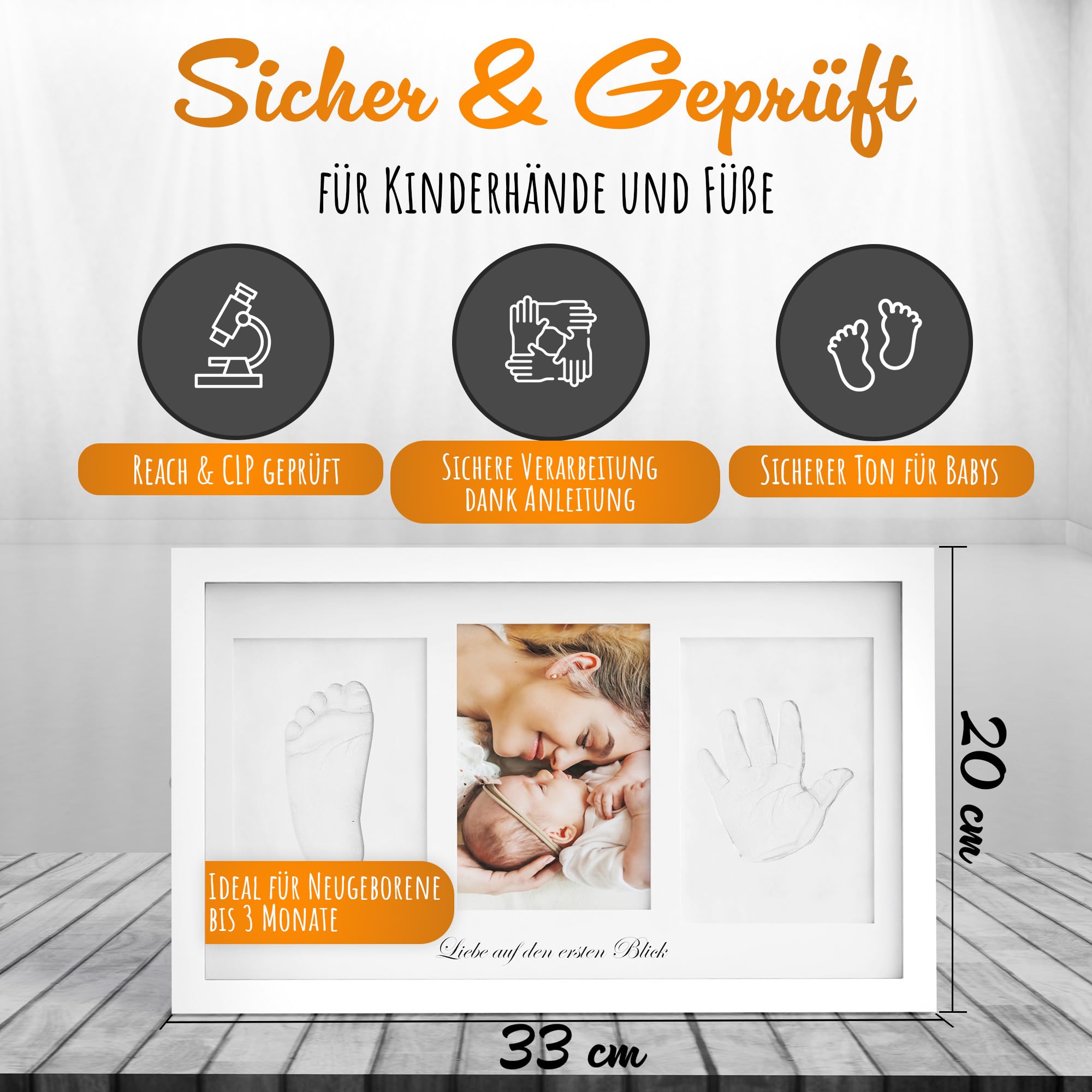 Premium Fußabdruck Handabdruck Baby Tonabdruck XXL SET 4+1 DESIGNS | Personalisierbar, inkl. Zubehör, Echtholz Rahmen | Gipsabdruck Baby Hand & Fuß