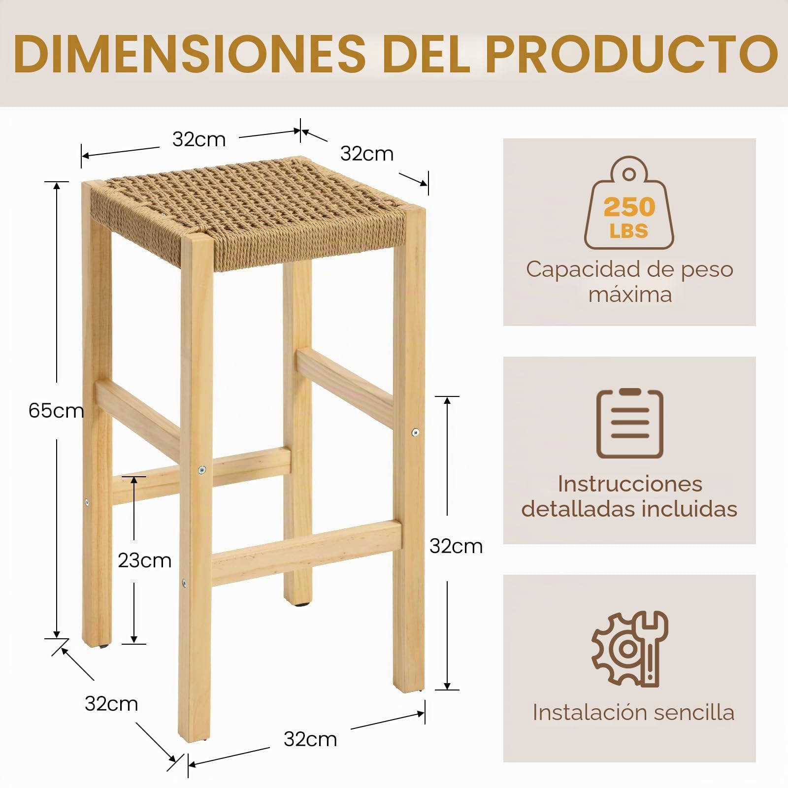 chairus 2PCS Taburetes de Bar de Madera con Tejido Natural de Cuerda
