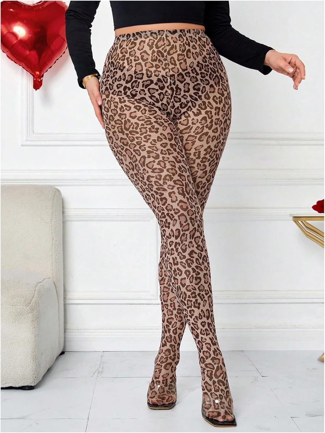 WDIRARA Women's Plus Size Mesh Leopard Print Leggings High Waisted Sheer Skinny Pants - Image 7
