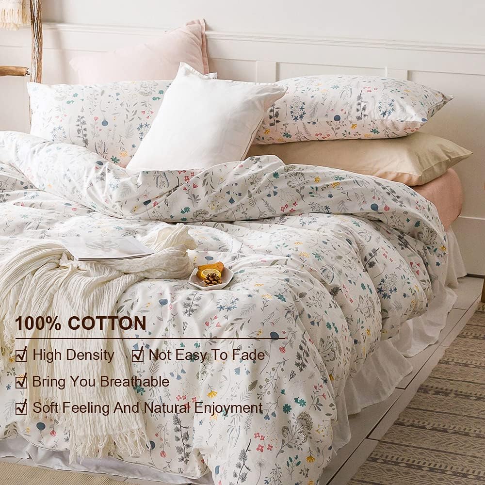 🛒 Crazy Deals EAVD Reversible Botanical Floral Duvet Cover Queen White Soft 100% Cotton Garden Floral Bedding Set with 2 Pillowcases Chic Shabby Floral Comforter Set for Girls Women with Zipper Closure