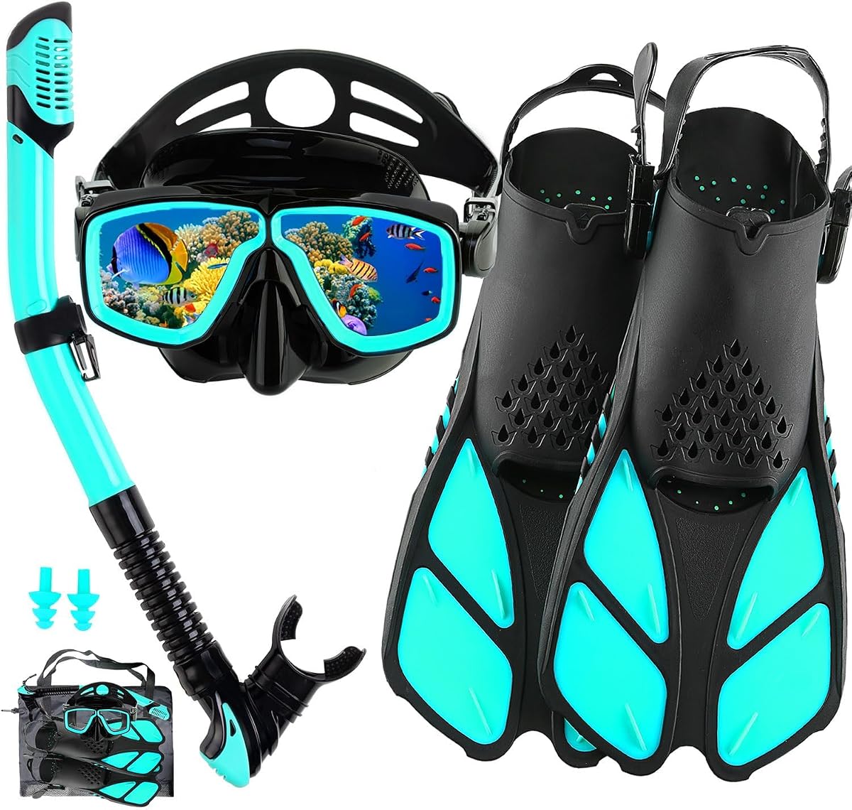 Equipo de snorkel para adultos con bolsa Juegos de snorkel antivaho para viajes | Máscara de buceo antifugas con aletas, equipo de buceo profesional con tapones para los oídos