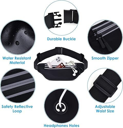 Miniatura 3 de Riñonera para hombres y mujeres, impermeable, delgada, reflectante, para correr, con 2 bolsillos para teléfonos celulares, cinturón elástico para