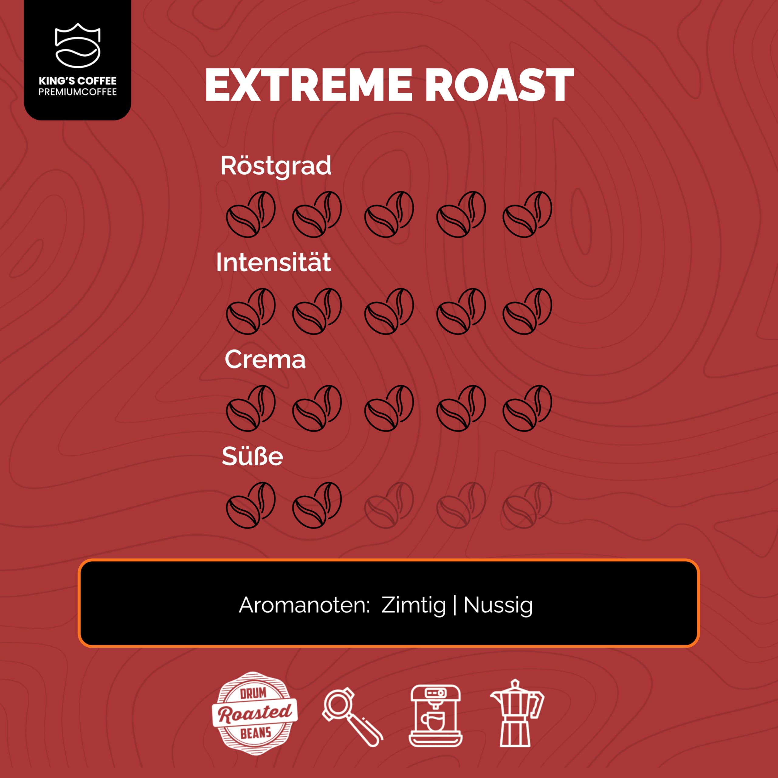 KING'S COFFEE – Extreme Roast, 1 kg, bardzo mocne i kremowe ziarna kawy, bardzo niska kwasowość, małe prażenie partii z Włoch | ziarna espresso do ekspresów w pełni automatycznych i sitków
