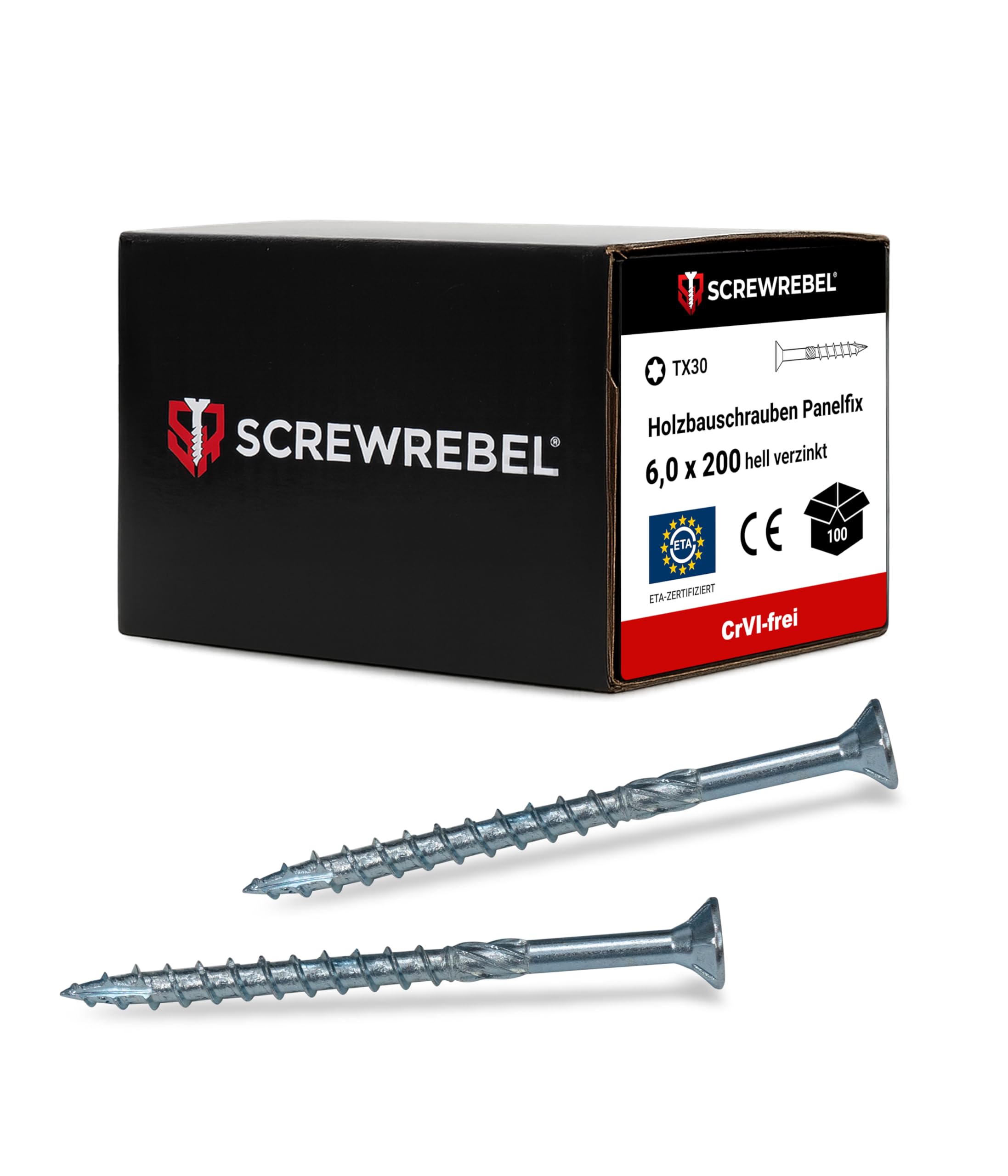 SCREW REBEL® Holzbauschrauben 6,0x200 mm [100 Stück] – Spanplattenschrauben hell verzinkt mit Reibteil & Cut-Spitze – TX30 Antrieb – Holzschrauben mit ETA-Zulassung – CrVI-frei & korrosionsbeständig