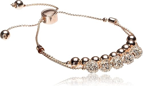 GUESS Pulsera deslizante de dos filas en tono oro rosa con cuentas de metal y cristal, Cristal