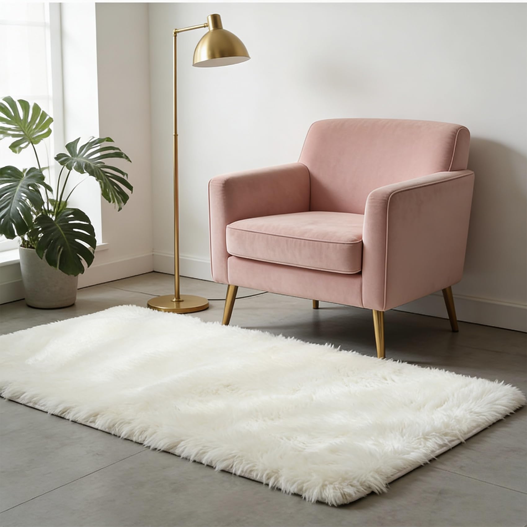 Tapis salon blanc à poils longs moderne vintage grand format 168x290