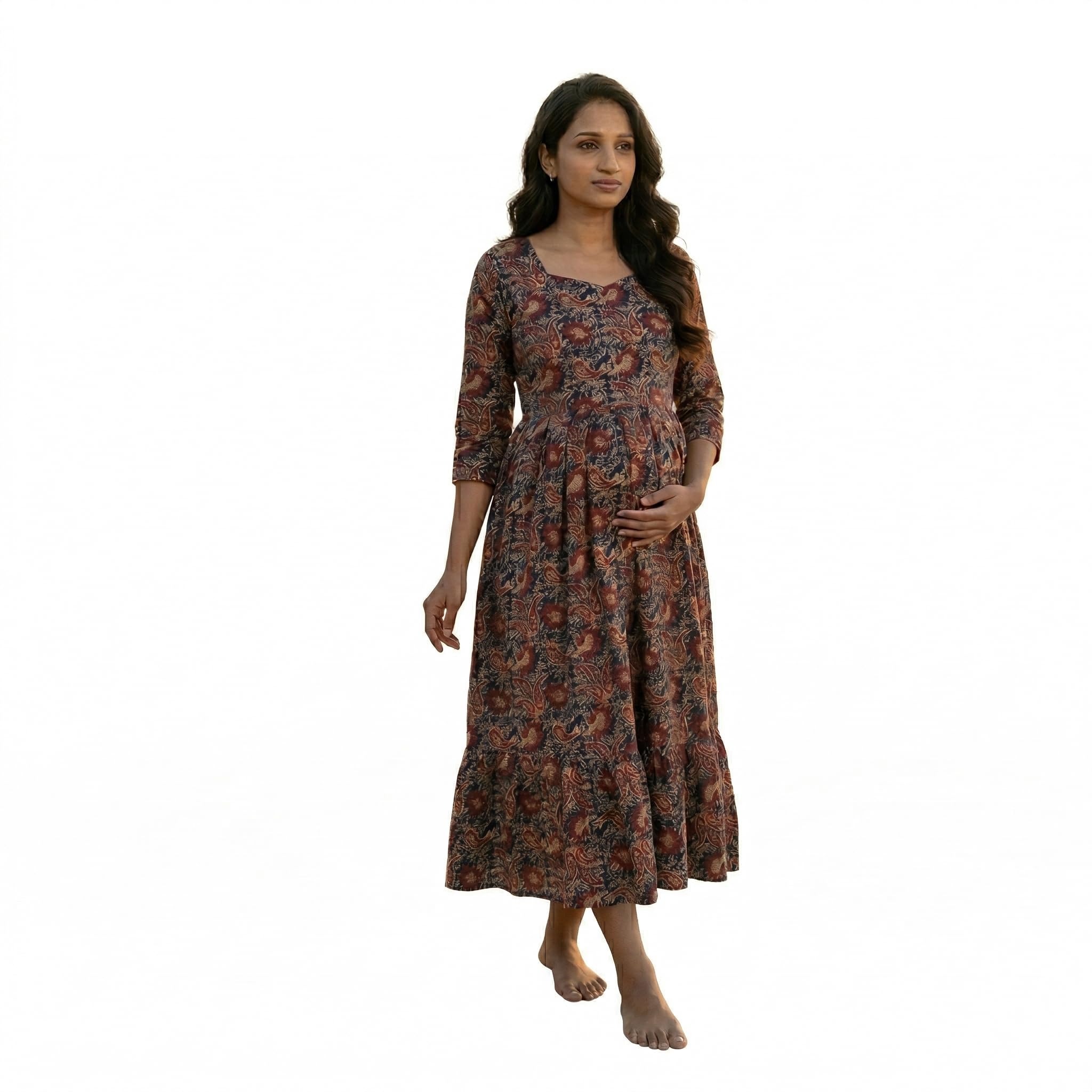 Yath Attire Kalamkari Print Feeding Dress for Women | 2 Tier Cotton Mix Maternity Wear | 3/4 Sleeve with Elastic, Two Invisible Zips, Back Tie Loop-image-33