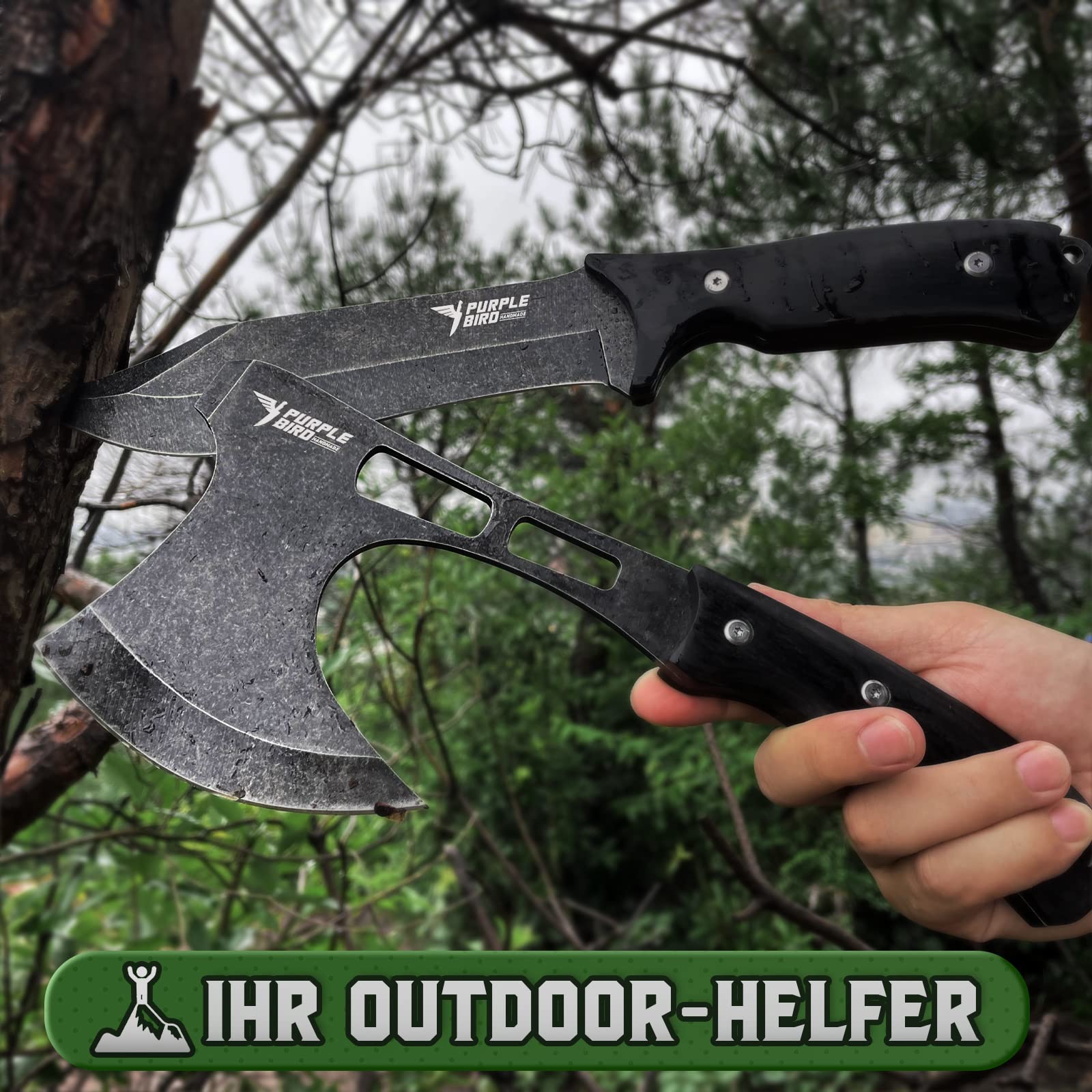 PURPLEBIRD Juego de Cuchillos para Exteriores con Hacha para Acampar, Cuchillo de Supervivencia con Cuchillo de Caza Fijo y Hacha para Acampar con Hacha Dividida y Afilado con Caja de Regalo