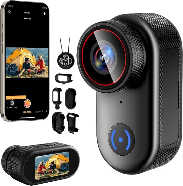 4K 8MPアクションカメラ 小型ウェアラブルカメラ 140°広角小型Vlogビデオカメラ 1.47インチモニター搭載 プリ録画 連写 遅延撮影 ボディカメラ ループ録画 150min連続稼働 IP65防水 スマホ連携 写真撮影 Vlog/旅行/アウトドア/スポーツカメラ/ペット 記録用 携帯便利/バイク 自転車に取り付け可能 豊富なアクセサリー - 1