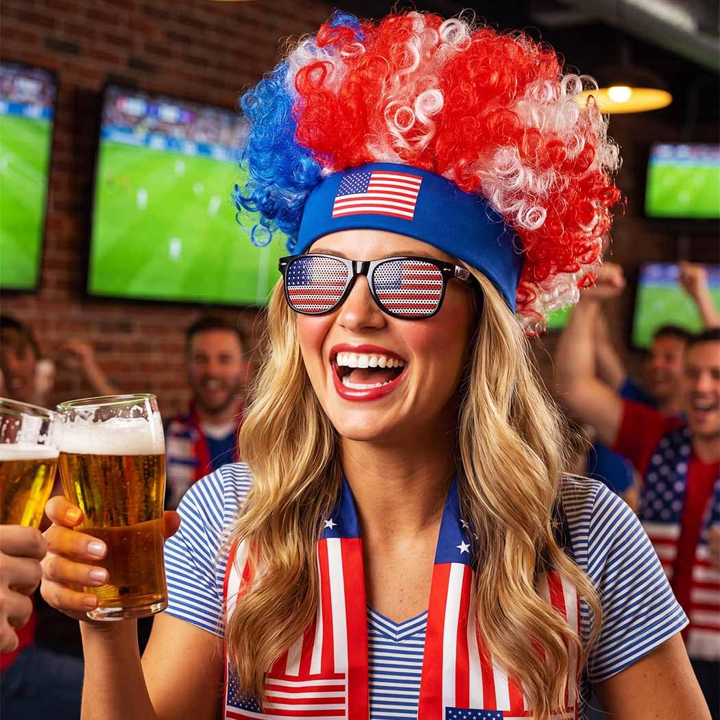 BARTOSI Soccer Fan Costume USA Patriotic Accessories Red White Blue Wig Scarf Glasses Set Football Game Day Supplies Favors for Men Women