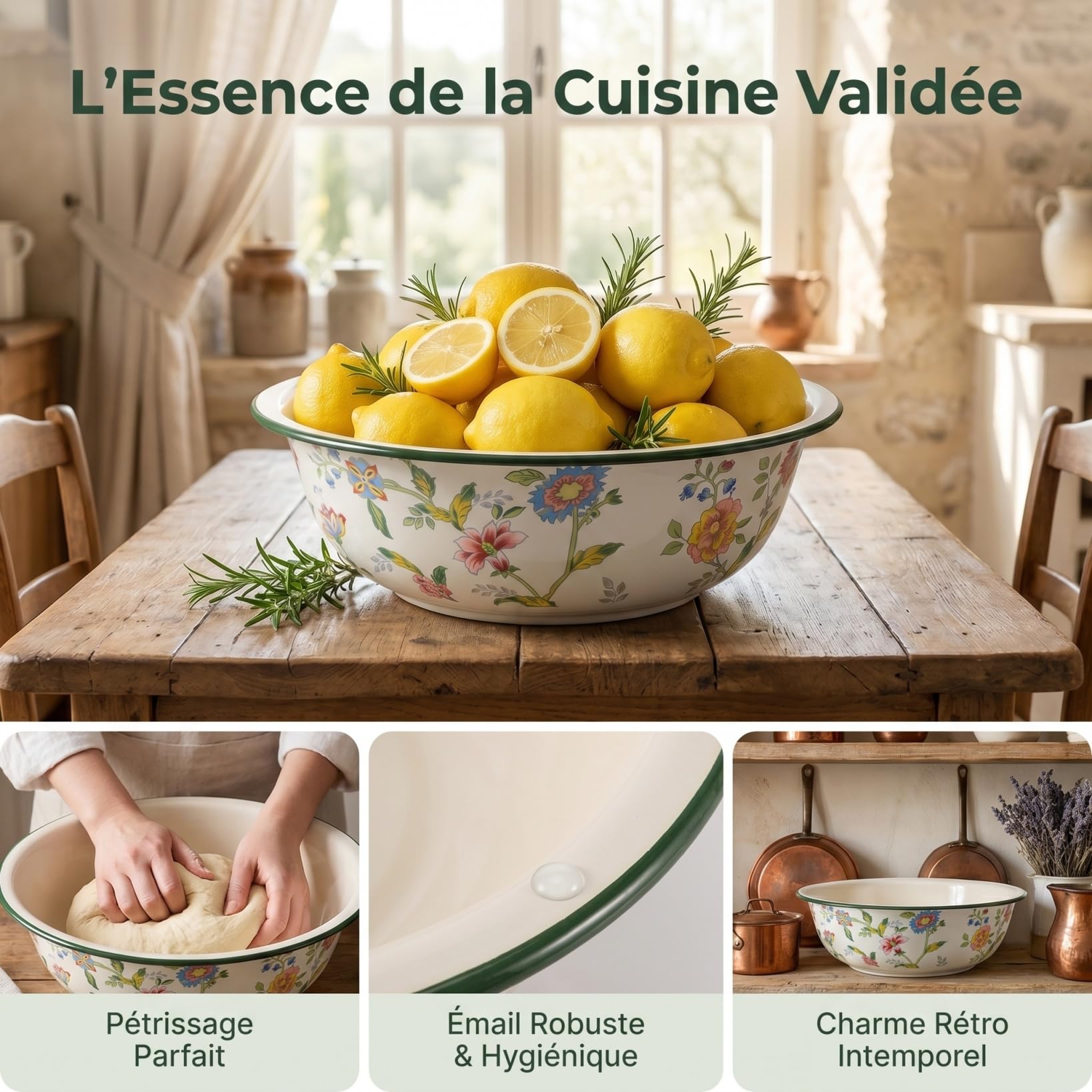 MAGICLULU Bol Émaillé Épais pour Cuisine Grand Bassin Multifonction Chaleur Facile à Nettoyer pour Pétrir Laver Légumes et Préparation Alimentaire Quotidienne
